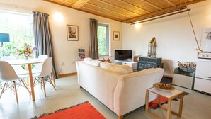 A living room with a sofa, a dining table with chairs, a TV, and a kitchen area with a stove.