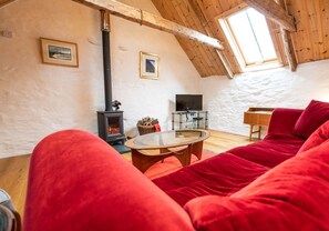 Un salon chaleureux avec un canapé rouge, une table basse en verre, une cheminée et un téléviseur.