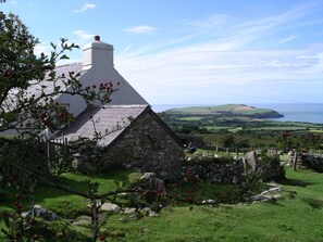 A stone house with a white roof, surrounded by a grassy area with red berries, and a view of the sea and hills in the background.