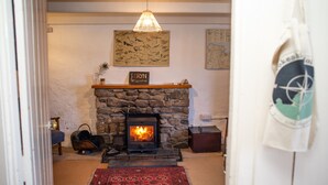 Une pièce chaleureuse avec une cheminée en pierre, un luminaire suspendu et un tapis rouge à motifs.