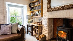 A cozy living room with a fireplace, a bookshelf, and a comfortable sofa. - A gorgeous property right on the beach - perfect for families (Newport)