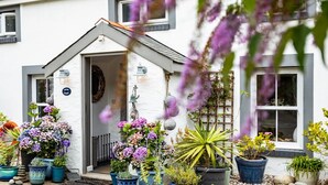 A white building with a grey roof, a door, and a window. There are potted plants and flowers in front of the building. - A gorgeous property right on the beach - perfect for families (Newport)