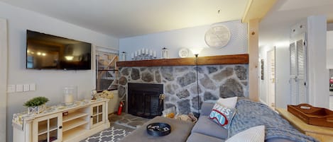 TV, fireplace, foosball, books