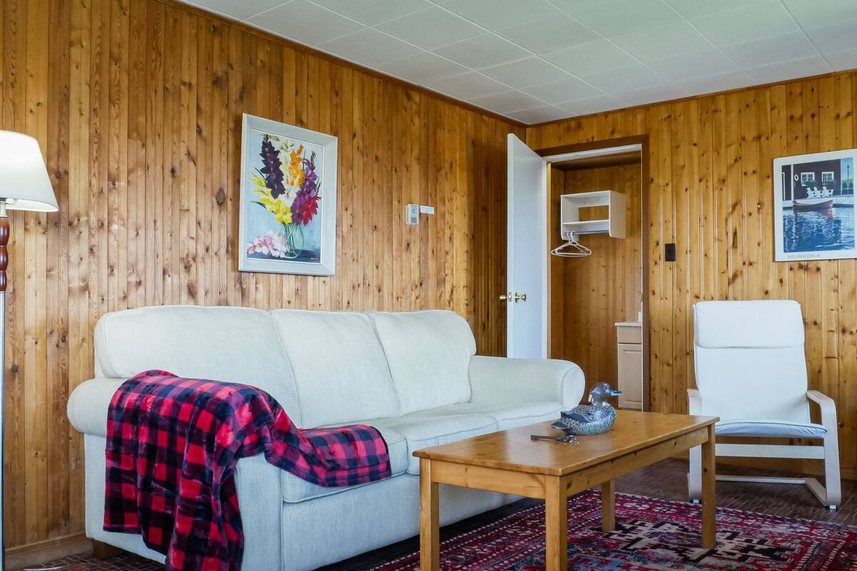 Una habitación acogedora con un sofá blanco, una manta escocesa, una mesa de centro de madera, un sillón blanco, una alfombra y paredes de madera.