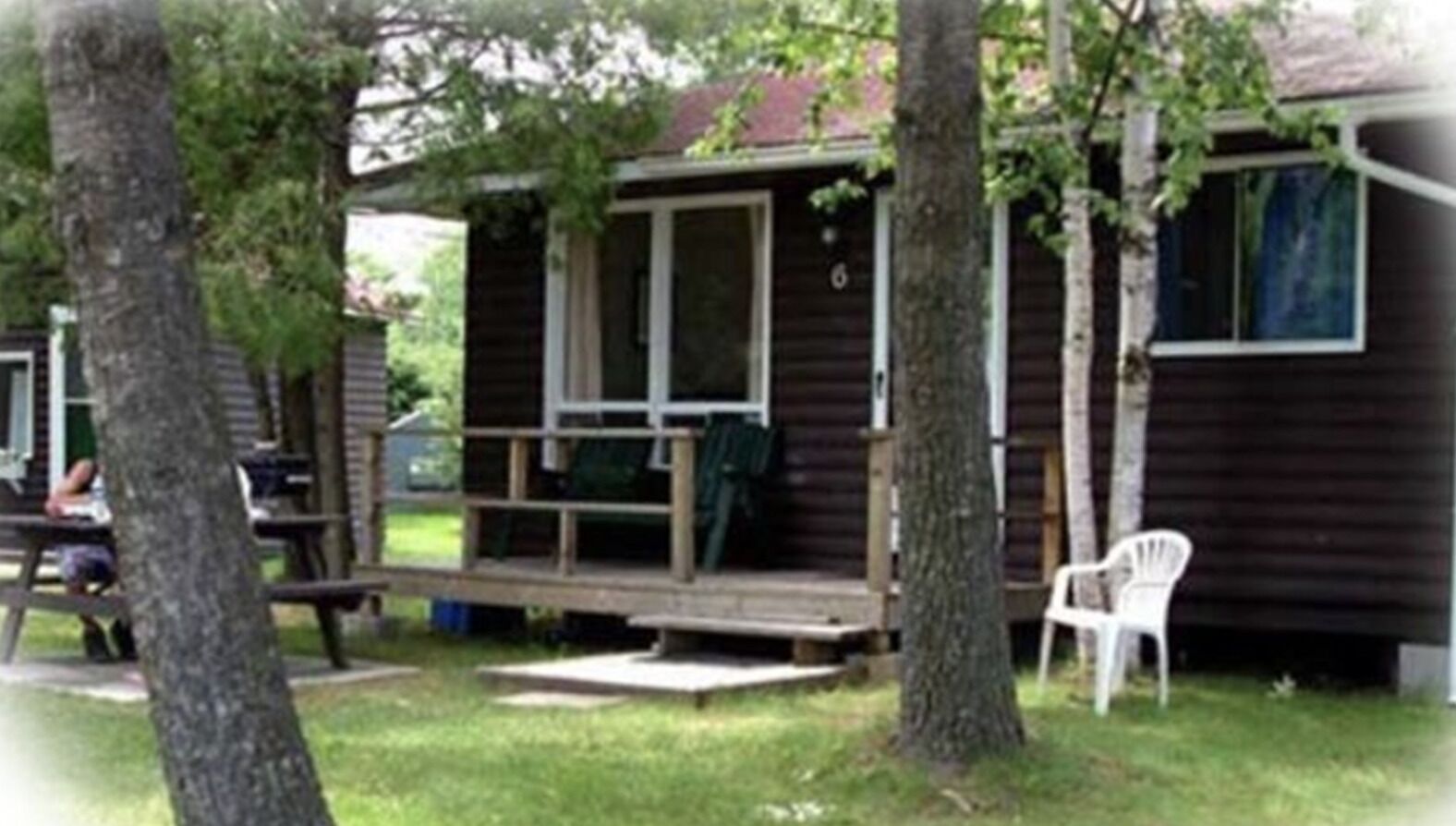 Un chalet rustique doté d’une véranda, entouré d’arbres.