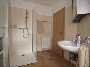 Bathroom features a glass-enclosed shower, wall-mounted faucet, and a sink with a mirror.