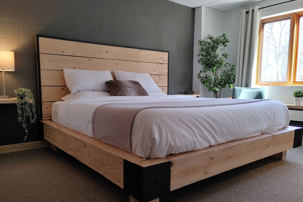 A modern bedroom with a wooden bed, white bedding, a bedside table with a lamp, and a potted plant.