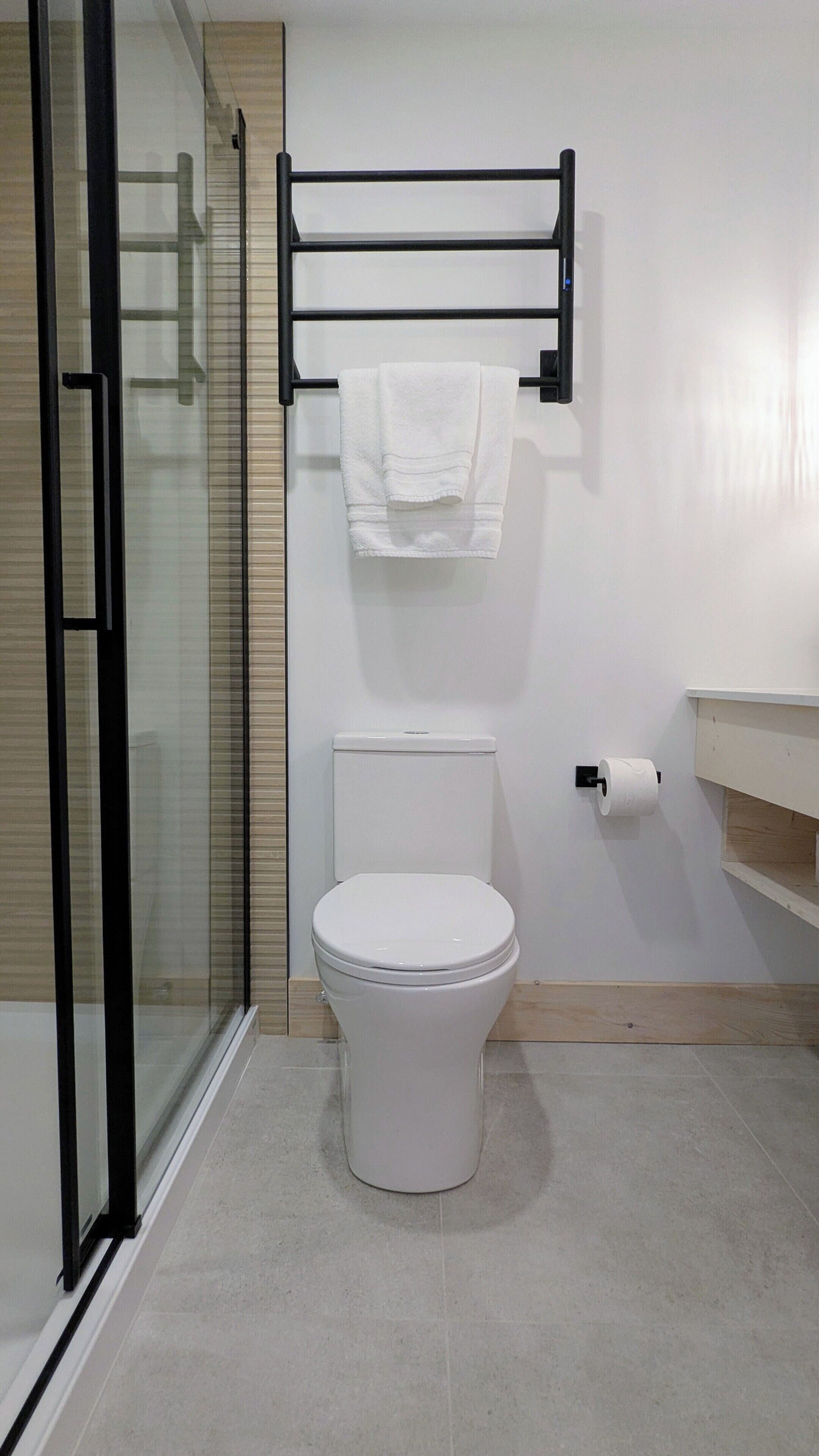 A modern bathroom with a toilet, a glass shower enclosure, a towel rack, and a toilet paper holder.