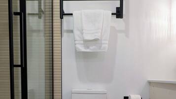 A modern bathroom with a toilet, a glass shower enclosure, a towel rack, and a toilet paper holder.