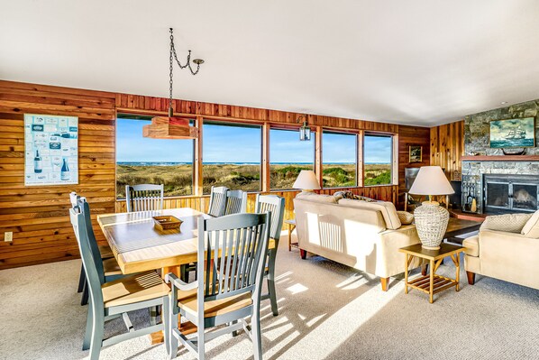 Télévision, cheminée, lecteur de DVD, livres