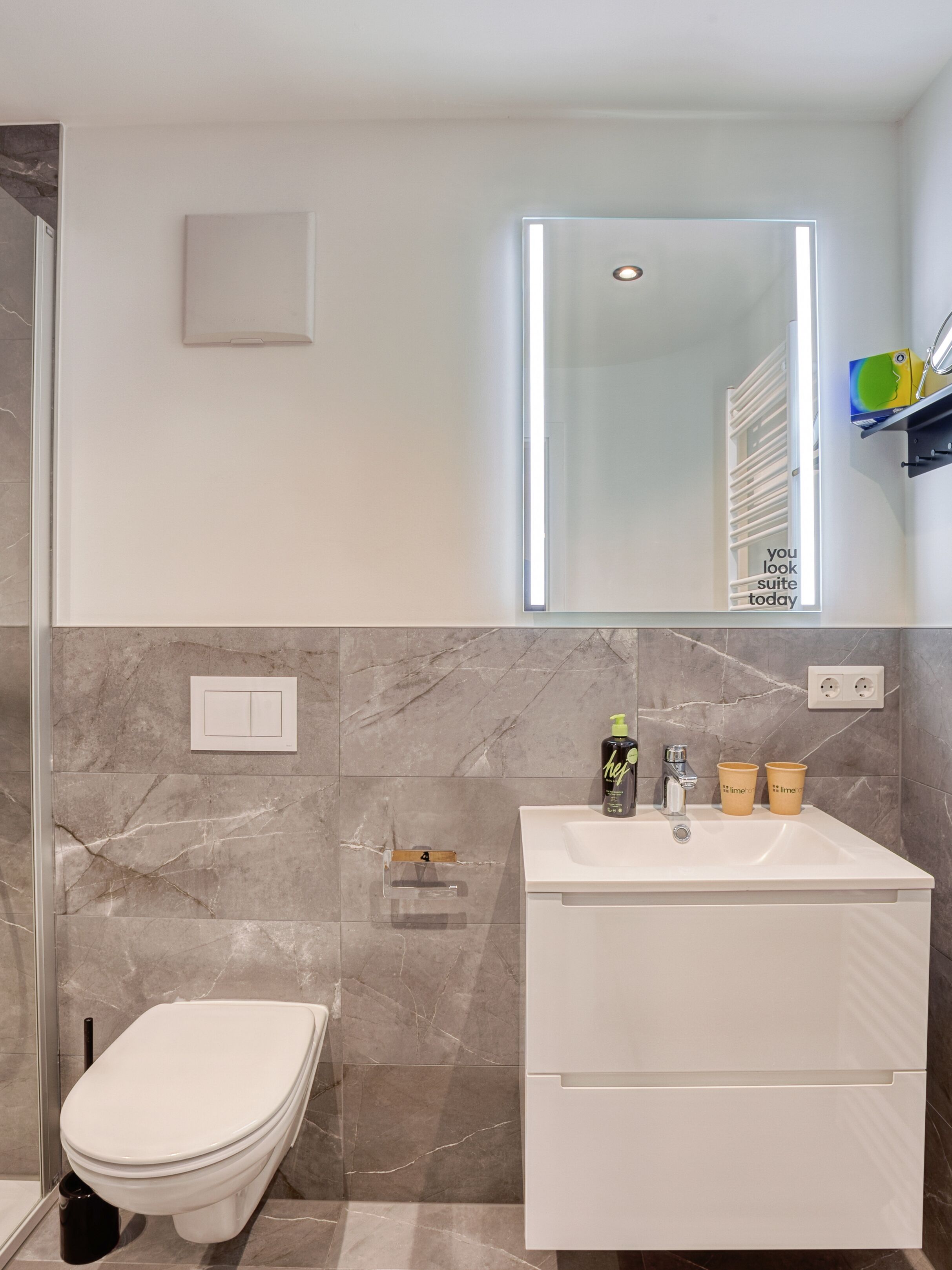 Une salle de bain moderne avec des toilettes, un lavabo et un miroir.