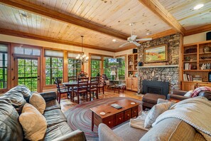 Smart TV, fireplace, DVD player, books