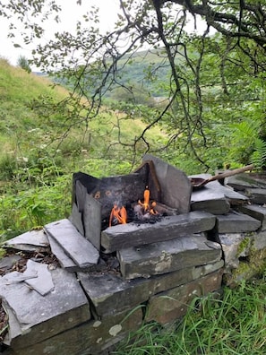Ein Lagerfeuer in einer natürlichen Umgebung, umgeben von viel Grün.