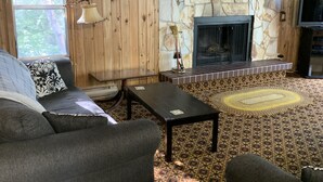 Un salon chaleureux avec une cheminée en pierre, des murs en bois et un tapis à motifs.