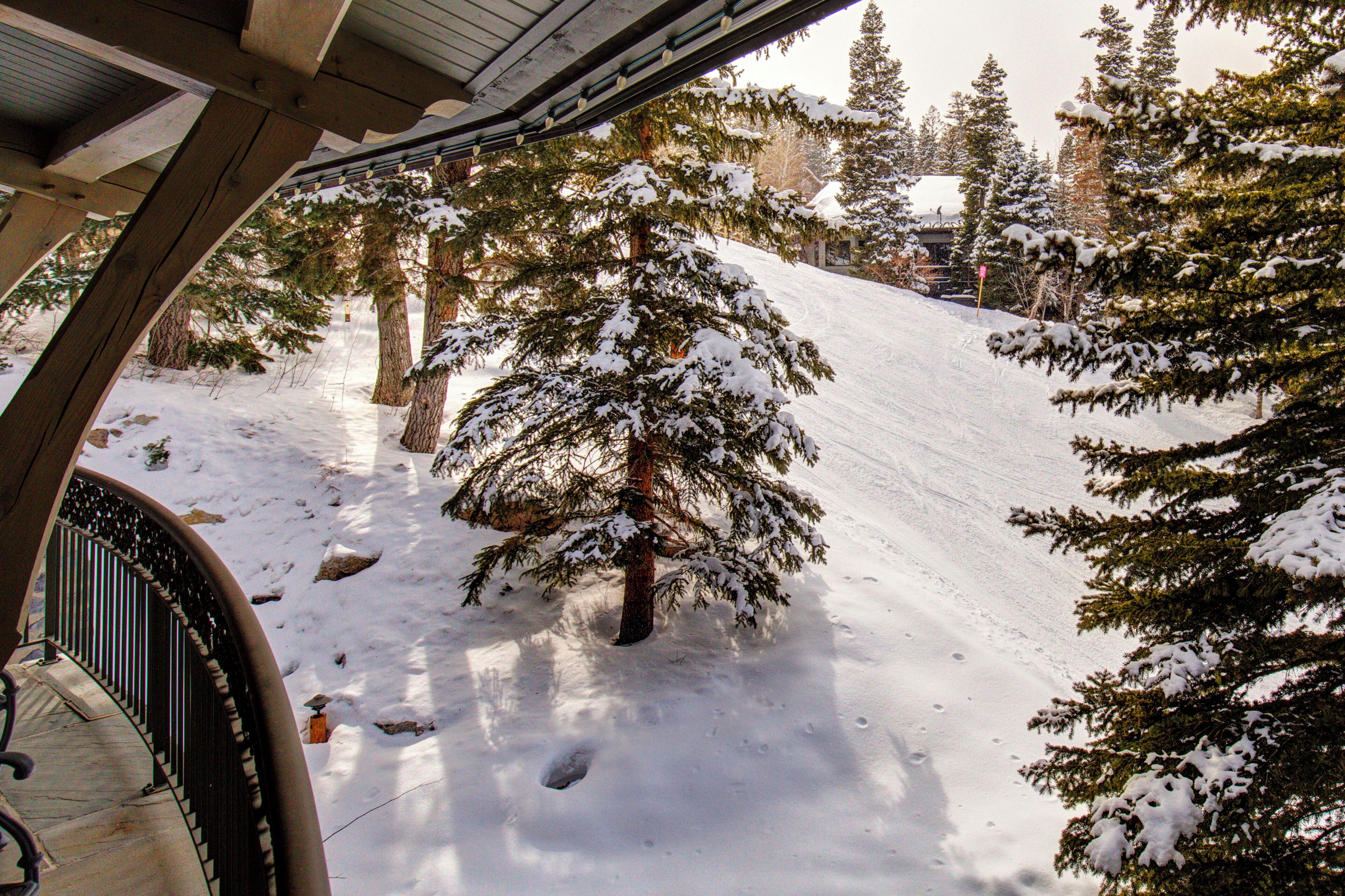 A snow-covered ski slope with trees and a building in the background.
