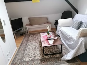 A compact bedroom with a bed, a small bedside table with a plant, a TV, and a sofa. - Sauerland Holiday House (Olsberg)