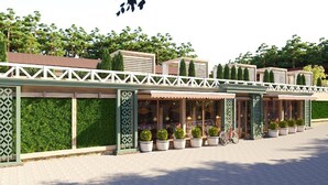 A row of green-tiled buildings with white railings, potted plants, and a bicycle.