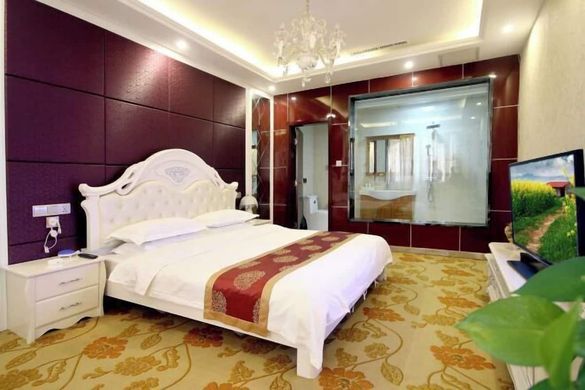Habitación de hotel con una cama grande, una mesita de noche, un televisor y un espejo.