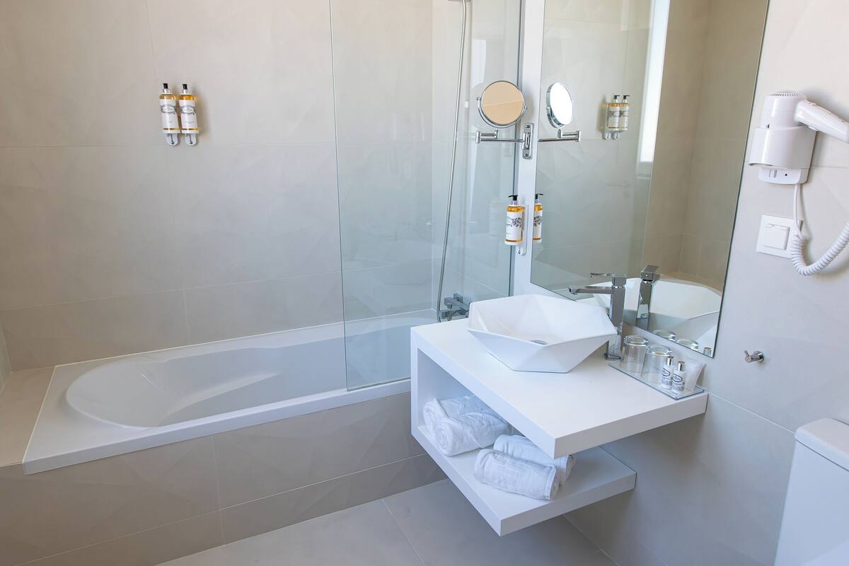 shower, rainfall showerhead, free toiletries, hair dryer