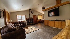 Smart TV, fireplace, DVD player, foosball