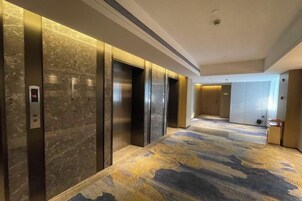 Pasillo de hotel con ascensores y alfombra estampada.