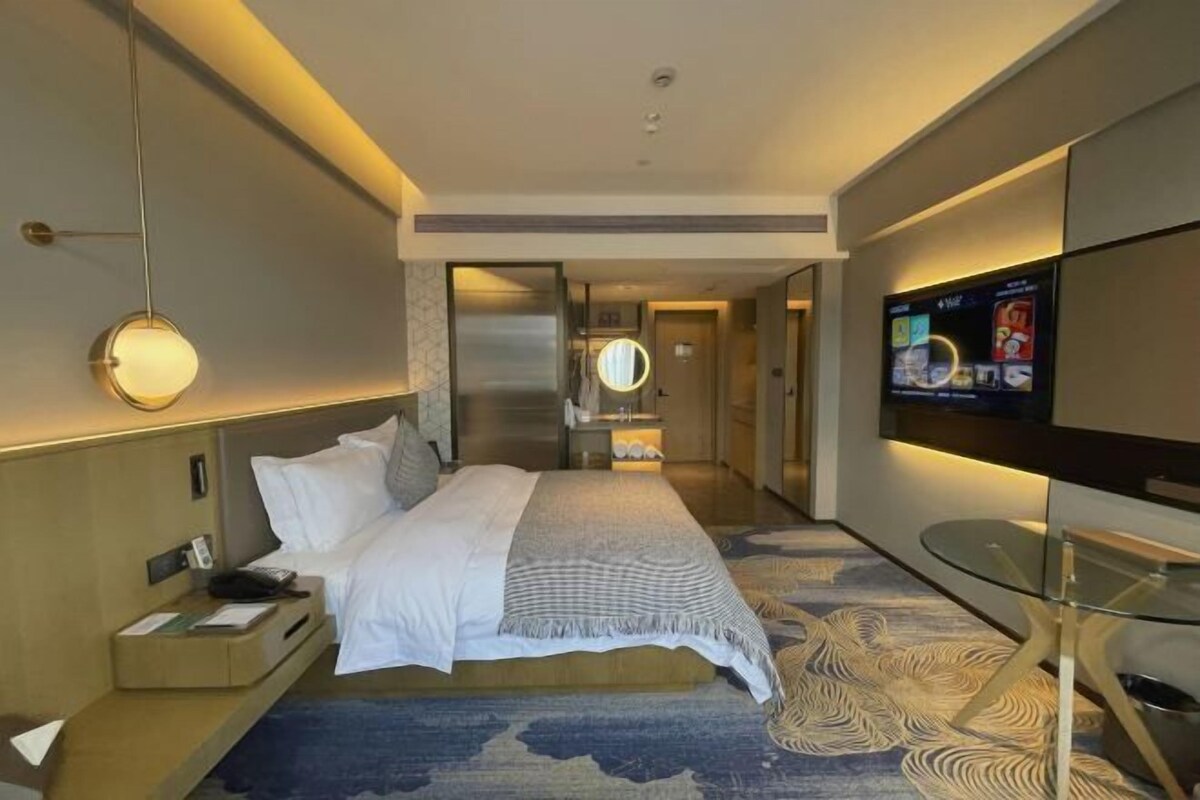 Une chambre d’hôtel moderne avec un grand lit, une table de chevet avec une lampe, un téléviseur fixé au mur et une moquette à motifs.