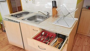 A compact kitchen with a sink, stove, and a drawer with utensils. - VILA RHEA - Ubytovanie Vysoke Tatry (Vazec)