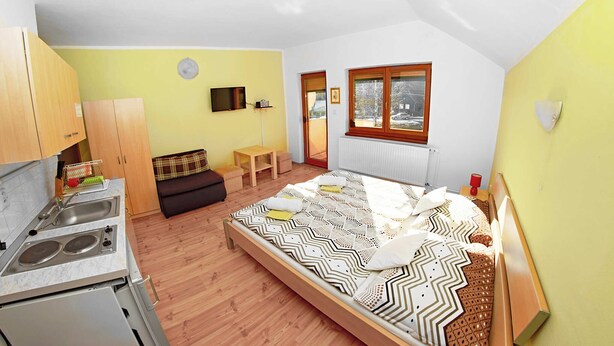 A compact bedroom with a bed, a small kitchenette, a sofa, and a window. - VILA RHEA - Ubytovanie Vysoke Tatry (Vazec)