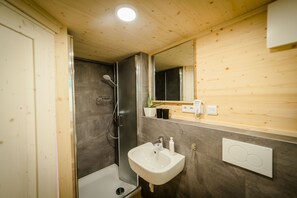 Regadera, toallas, papel de baño 