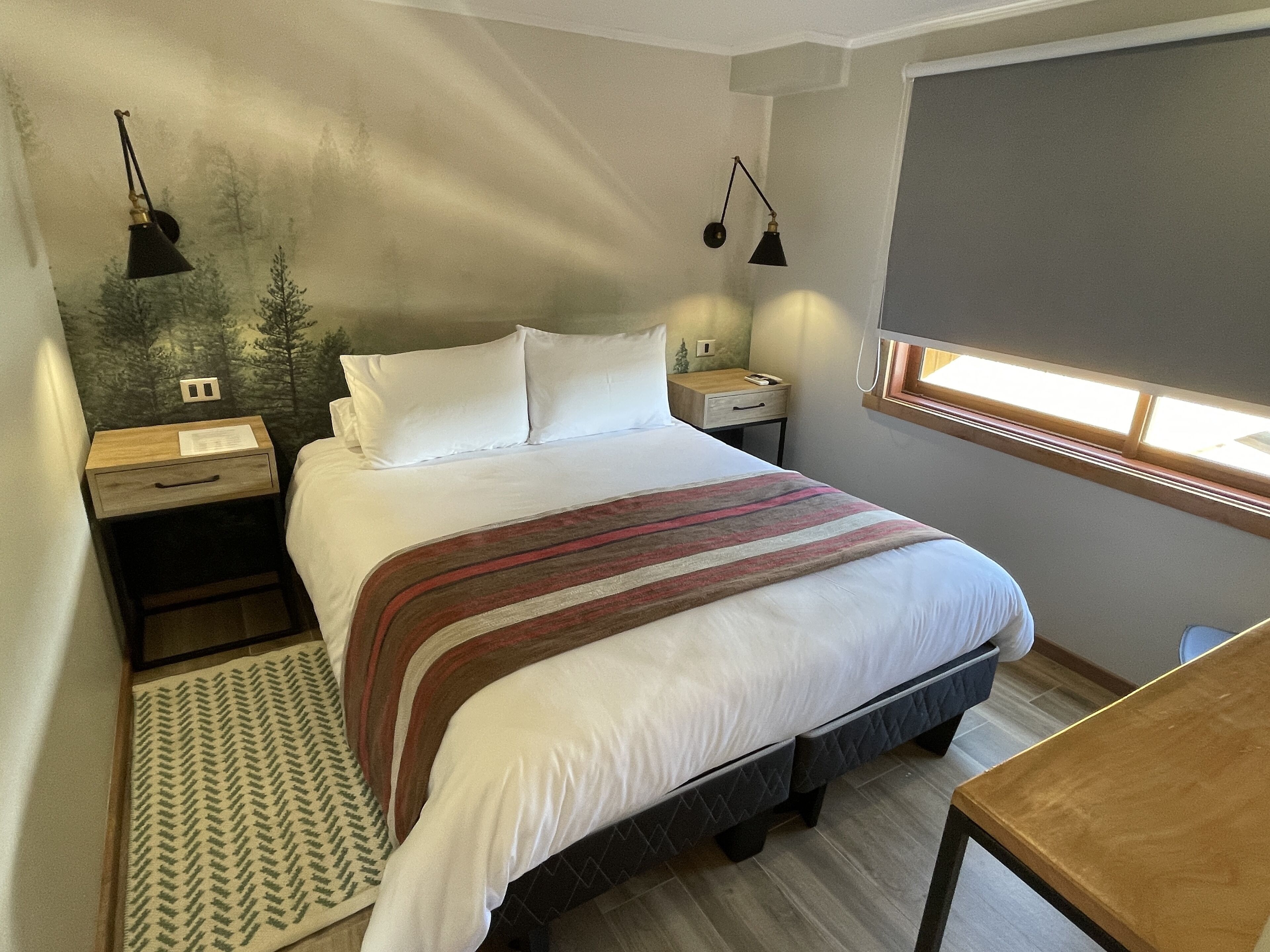 Une chambre d’hôtel bien aménagée, avec un grand lit, deux tables de chevet, une commode, un petit bureau, une fenêtre avec des stores et un tapis à motifs.