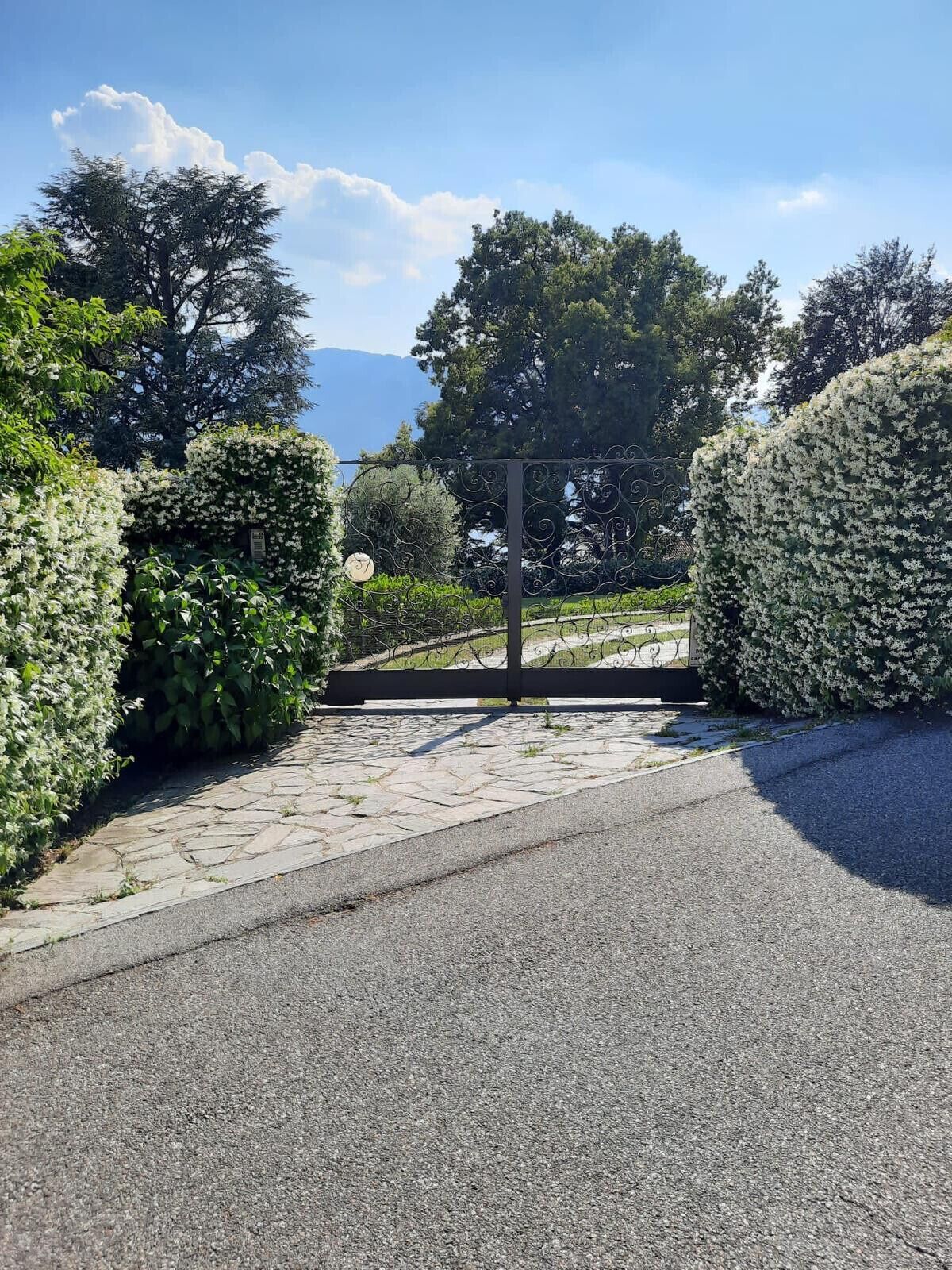 Een geplaveid toegangspad met een metalen poort, omgeven door zorgvuldig gesnoeid hagen en bomen.
