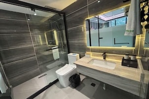 A modern bathroom with a glass shower enclosure, a white toilet, and a vanity with a sink and mirror.
