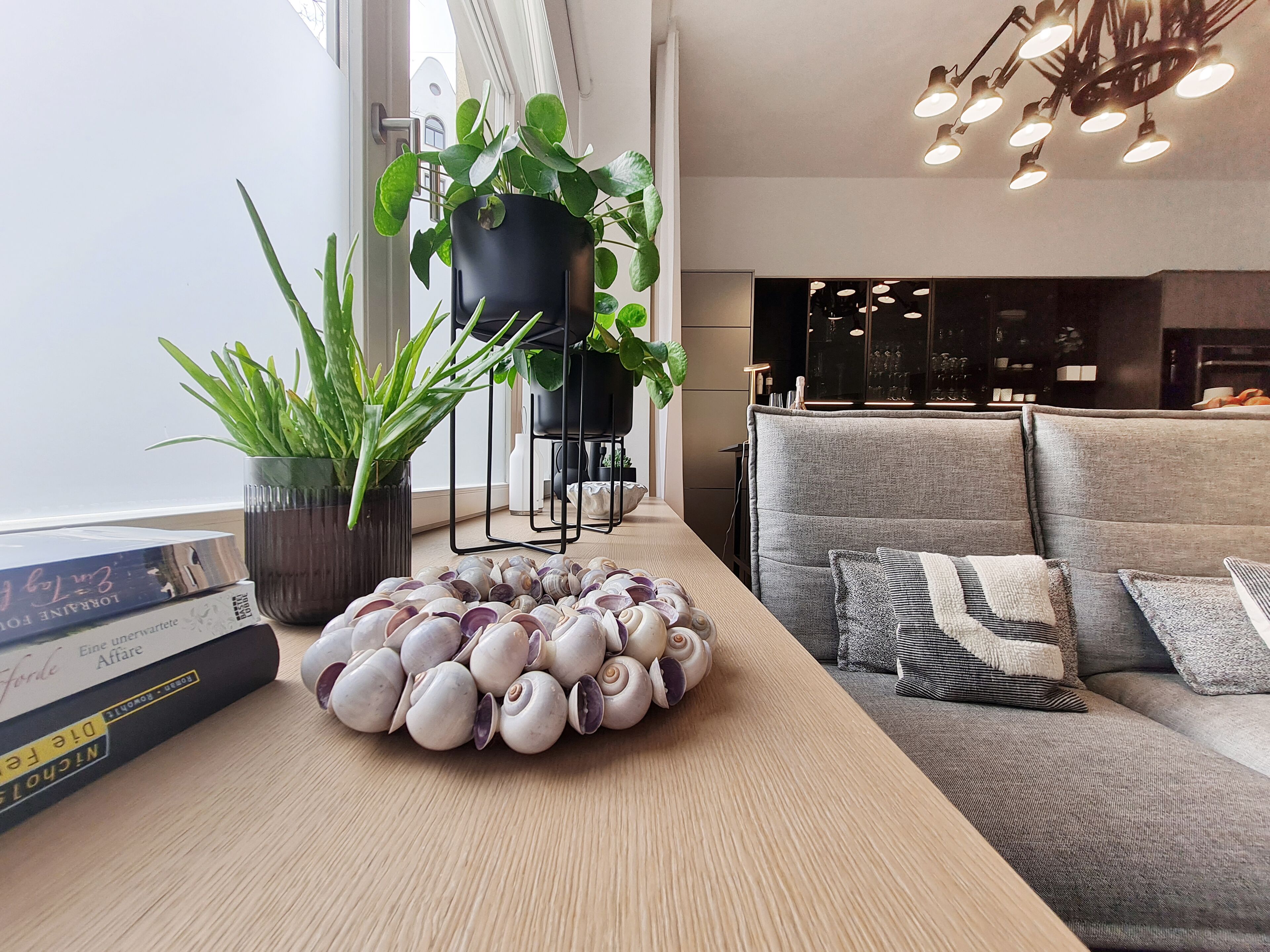 Ein modernes Wohnzimmer mit Couchtisch aus Holz, einer grauen Couch und einer Pflanzenanordnung.