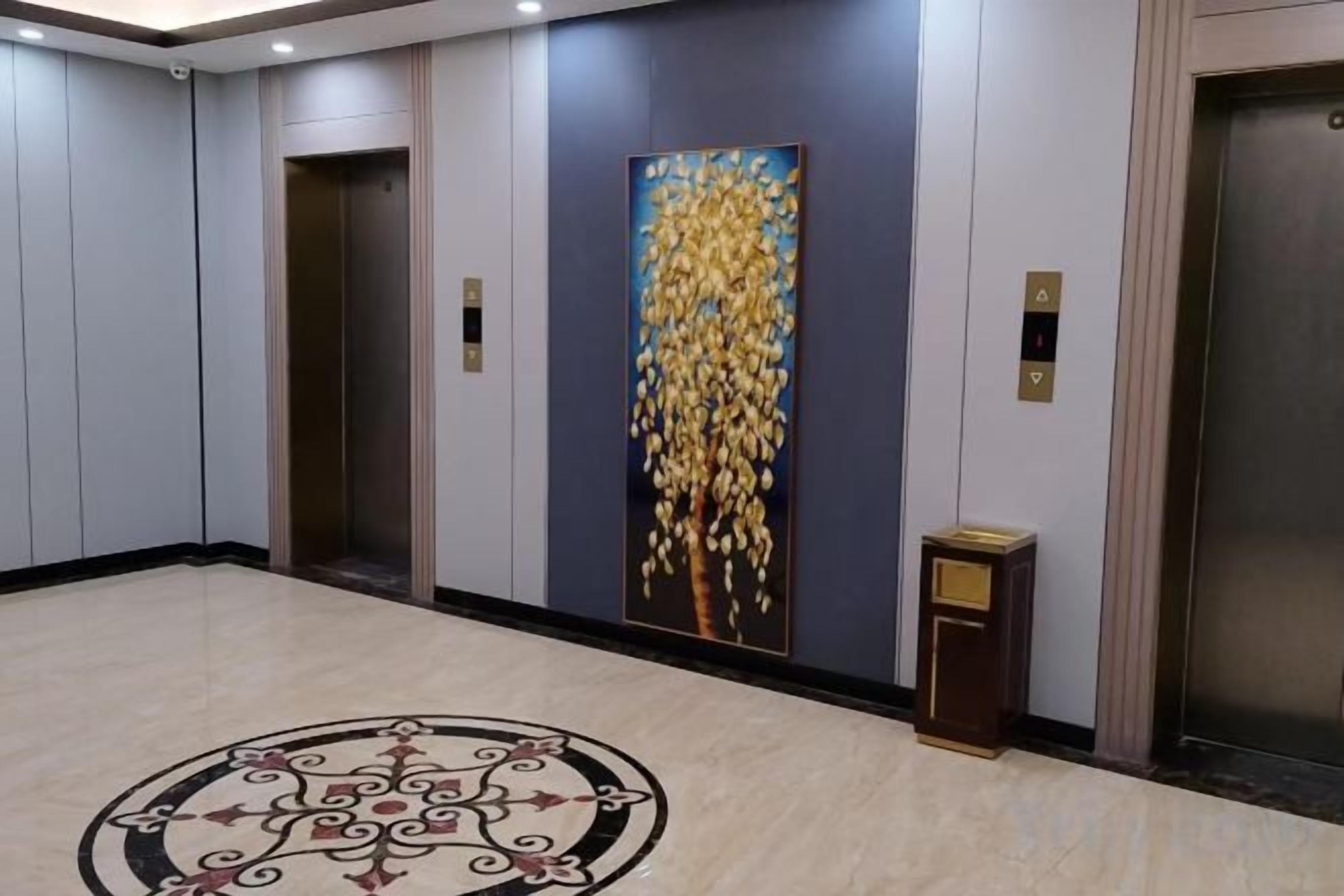 A hallway with elevators, a decorative wall, and a patterned floor.
