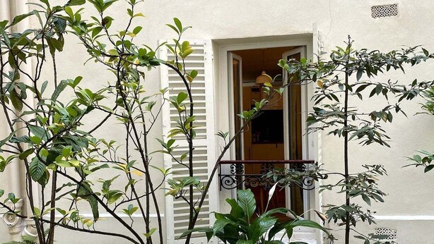A courtyard with four potted plants, a white building with shutters, and a door. - 1 Bedroom Apartment in Paris (Paris)