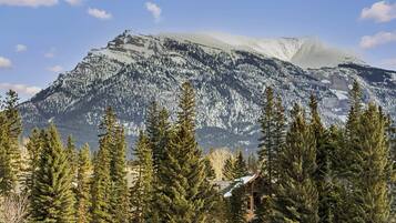 A mountain with snow-covered peaks and a cabin in the foreground.