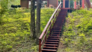 A wooden staircase leading to a house with a red roof, surrounded by lush greenery. - Beautiful Cabin located on the Betsie River and close to Crystal Mountain Resort (Thompsonville)