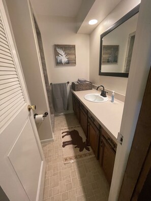 A bathroom with a sink, mirror, towel rack, and a framed picture on the wall. - Beautiful Cabin located on the Betsie River and close to Crystal Mountain Resort (Thompsonville)