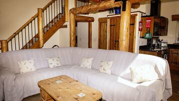 Älytelevisio, takka, DVD-soitin, kirjoja