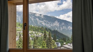 A view through a window with wooden frames, revealing a mountainous landscape with houses and greenery.