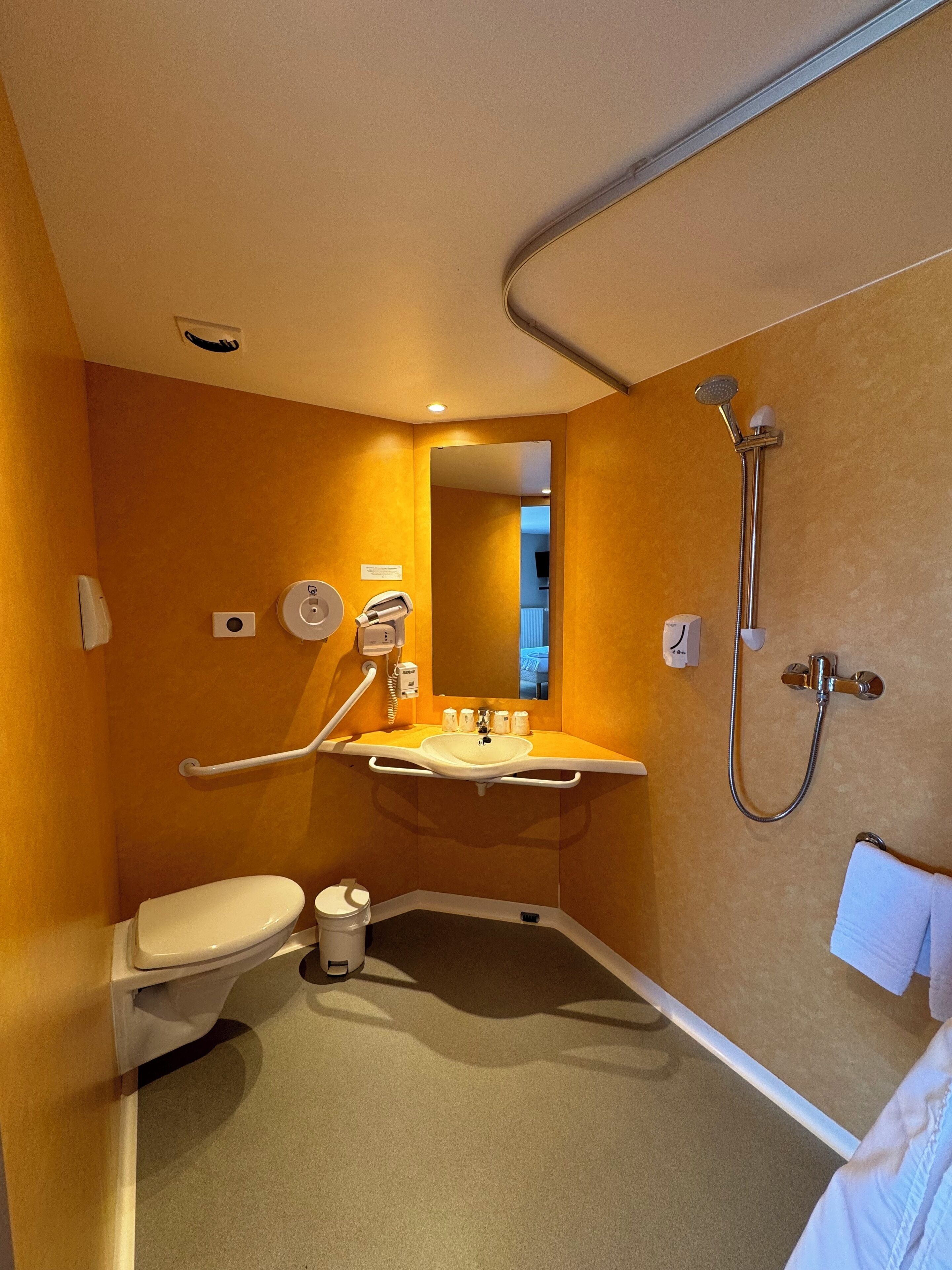 Une petite salle de bain comprenant des toilettes, un lavabo et une douche.