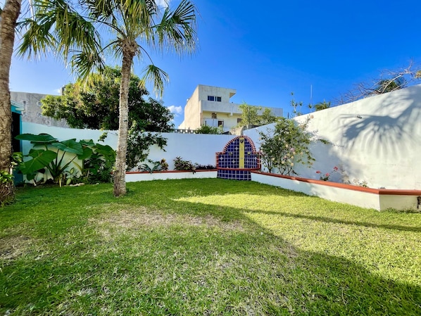 Um jardim bem cuidado com uma palmeira, um portão azul e um prédio branco ao fundo.