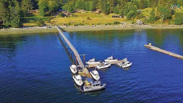 A pier with several boats docked, surrounded by a forested landscape.