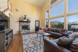 Smart TV, fireplace, table football, books