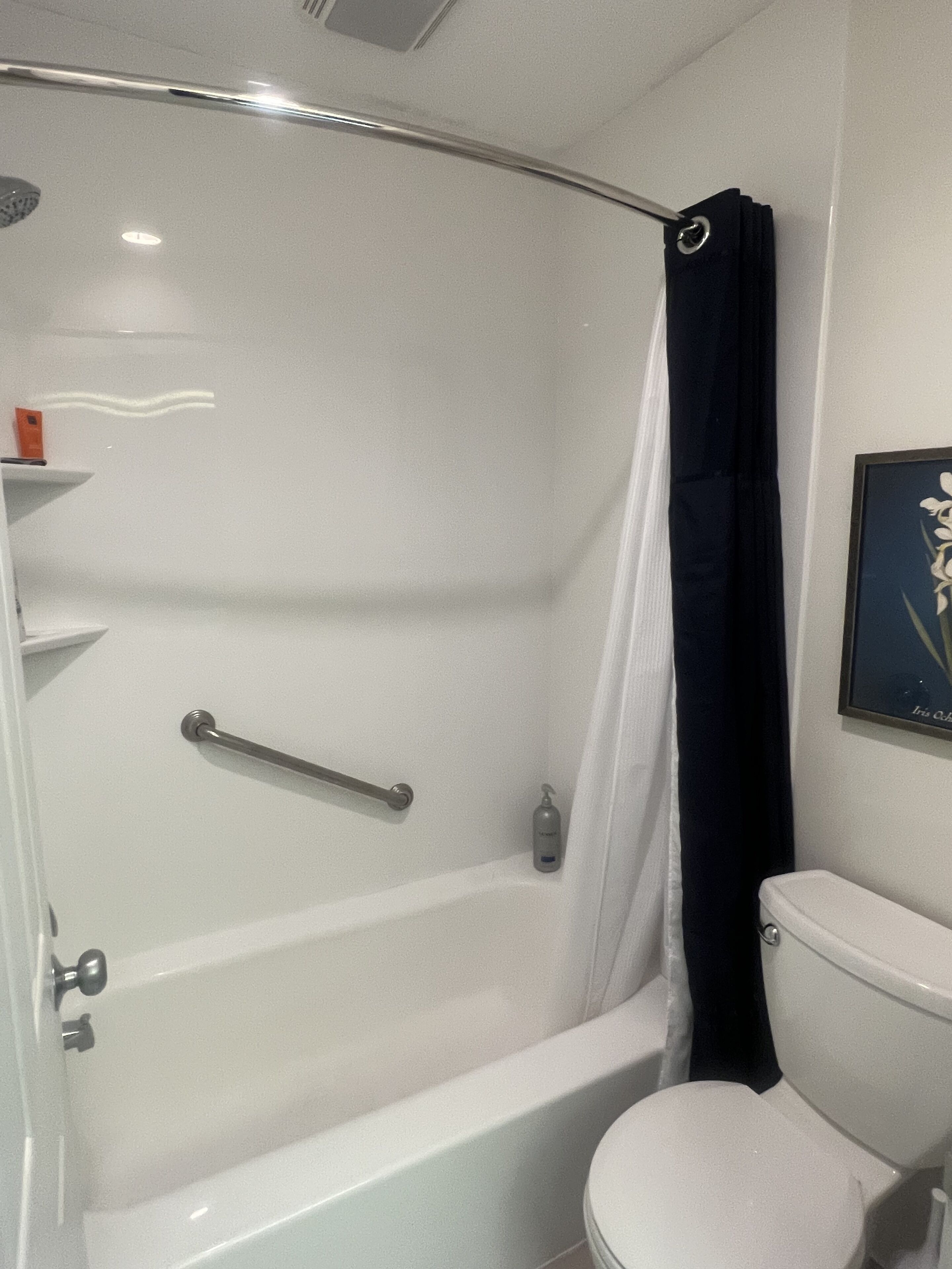 Ein Badezimmer mit Badewanne, Toilette und Duschvorhang.