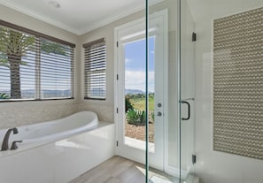 Shower, jetted tub, hair dryer, towels