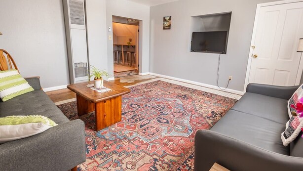 Een woonkamer met een grijze bank, een houten salontafel en een kamerkleed met een patroon.