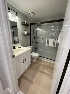 Shower, towels, soap, toilet paper