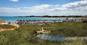 A beach with sun loungers and umbrellas, a clear sky, and a body of water. - Family house - 2 verandas - outdoor kitchen - exercise bike - 6 km from beaches (Carovigno)
