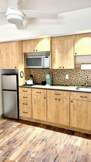Frigorífico, microondas, placa de cocina y cafetera o tetera